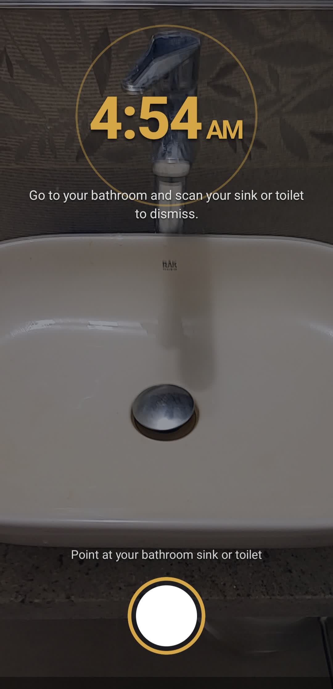The MoreLife wake alarm waiting for a photo of the bathroom sink to dismiss