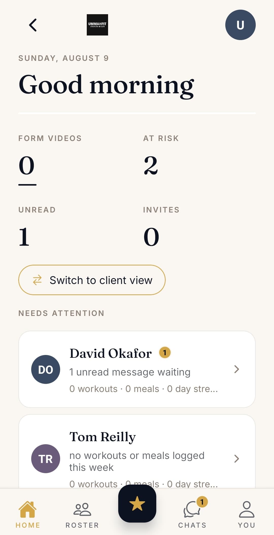 The MoreLife trainer app: a coach's morning dashboard, with the clients who need attention today